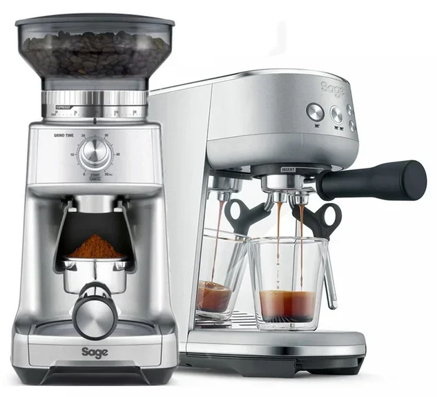 SAGE The Bambino Stal Nierdzewna + The Dose Control Pro – Zestaw Ekspres i Młynek