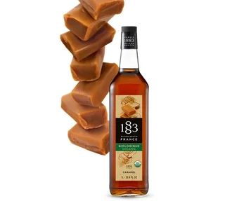 Set of 3 x 1L bottles of Organic Caramel Syrup for professional use - Glass bottle + dosing pump - 1883 ROUTIN