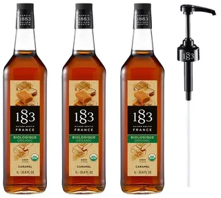 Set of 3 x 1L bottles of Organic Caramel Syrup for professional use - Glass bottle + dosing pump - 1883 ROUTIN