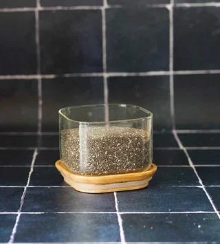 Četvrtasta posuda za odlaganje - PEBBLY - staklo i bambus - 500 ml